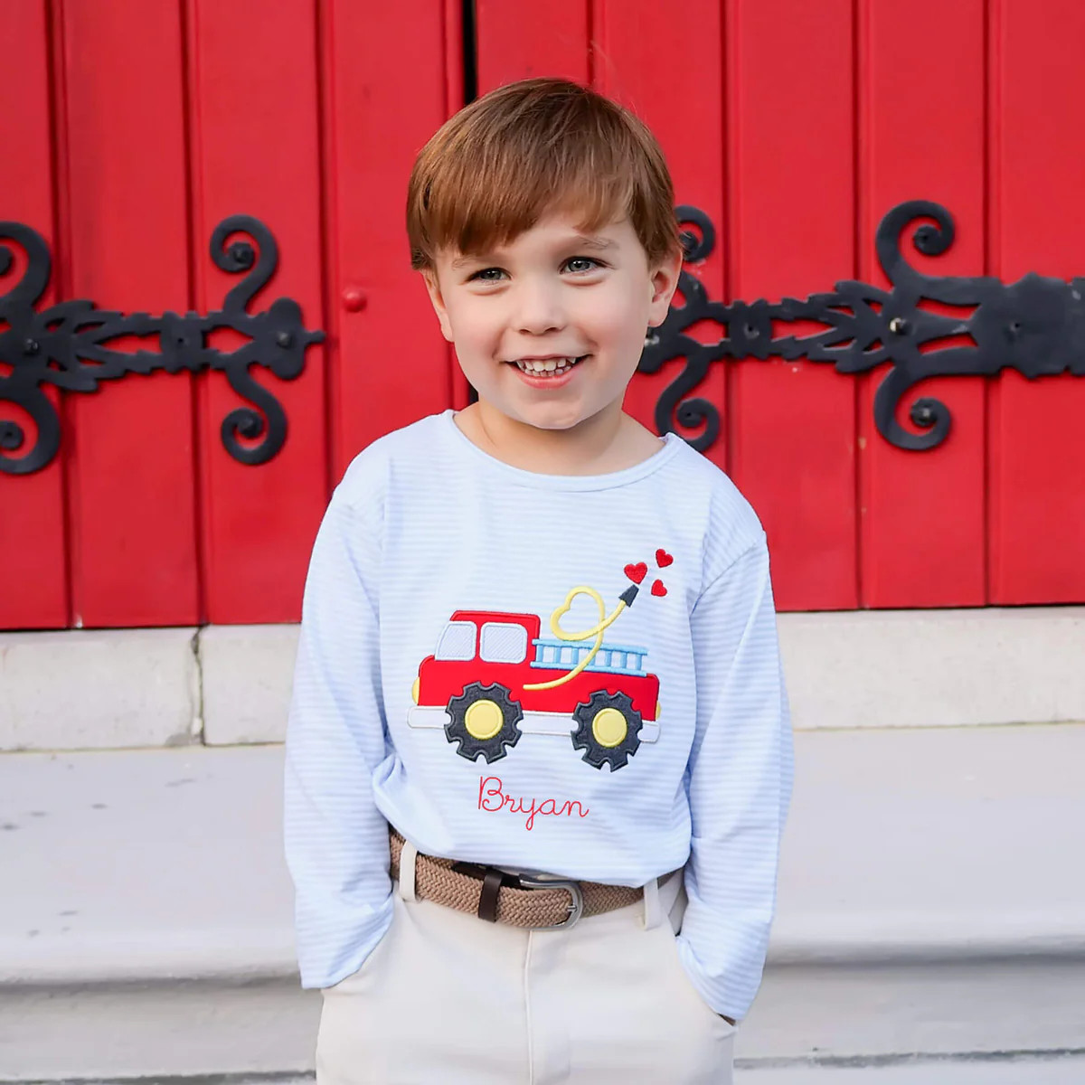 Firetruck Heart Applique Light Blue Stripe Long Sleeve Shirt | Classic Whimsy