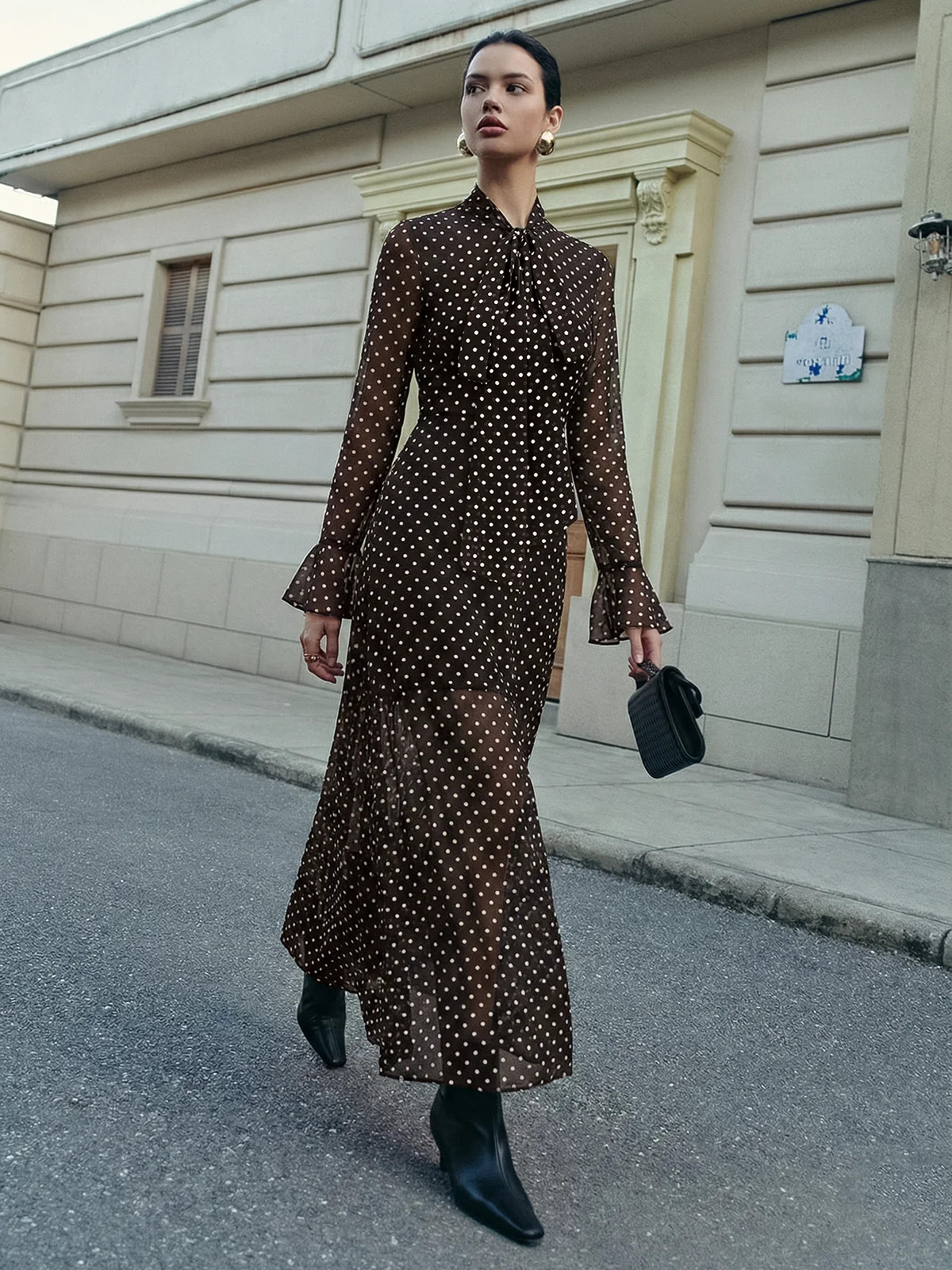 Polka Dot Chiffon Tie-Neck Flared Cuff Maxi Dress | Commense