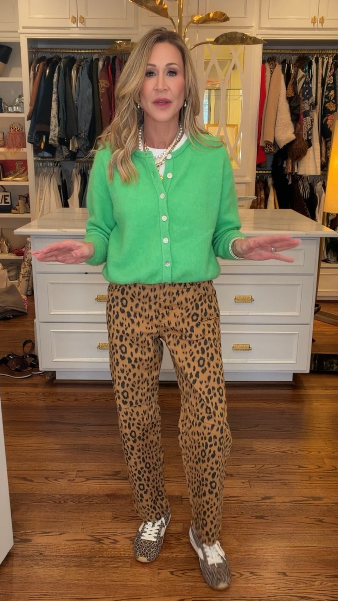 Leopard jeans styled with a green sweater over a white crewneck tee, leopard sneakers and layered jewelry.  


#LTKOver40 #LTKSeasonal #LTKootd
