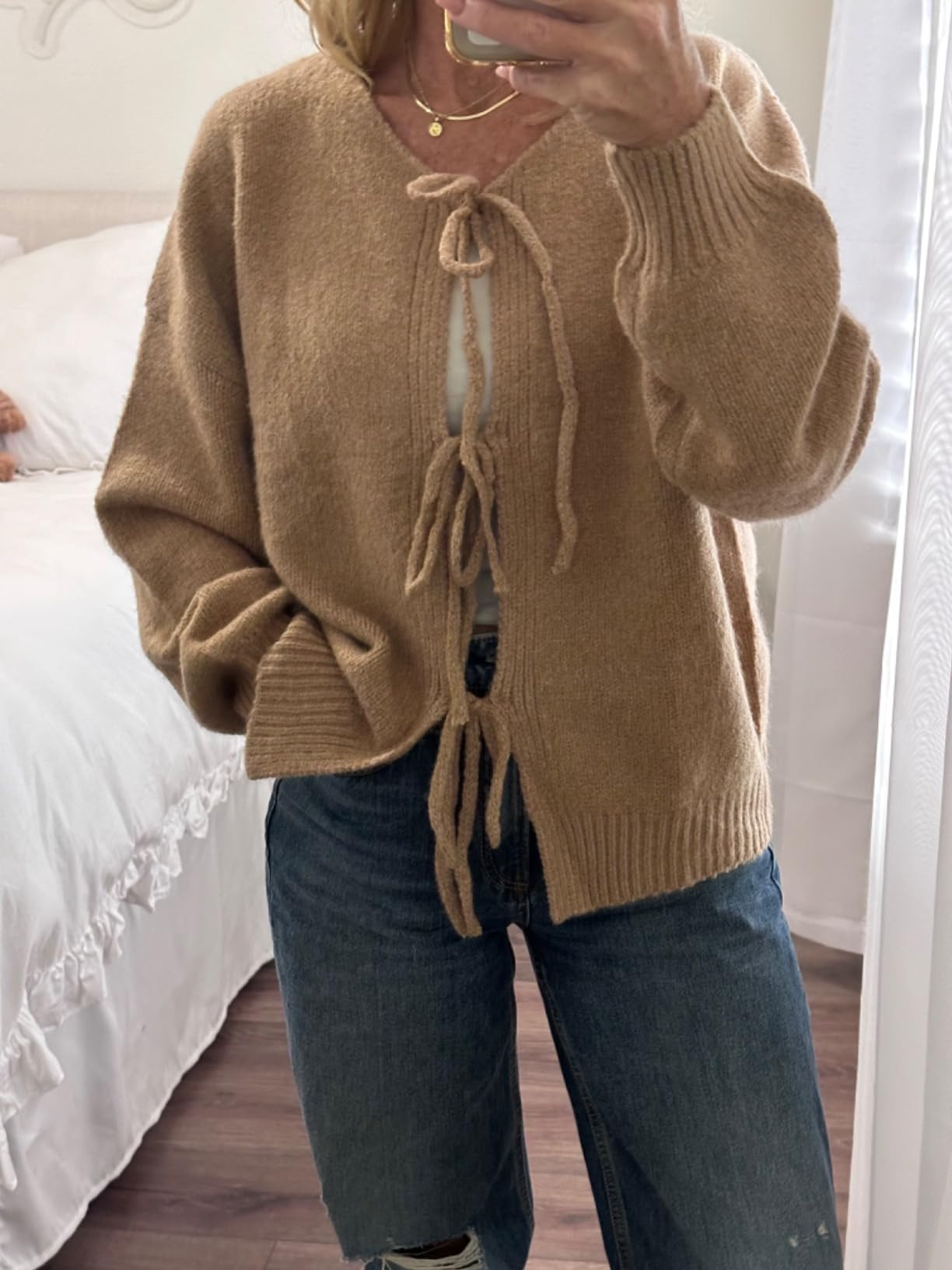 PRETTYGARDEN Women's Tie Front Bow Cardigan Sweaters Chunky Knit Long Puff Sleeve Trendy Fall Win... | Amazon (US)