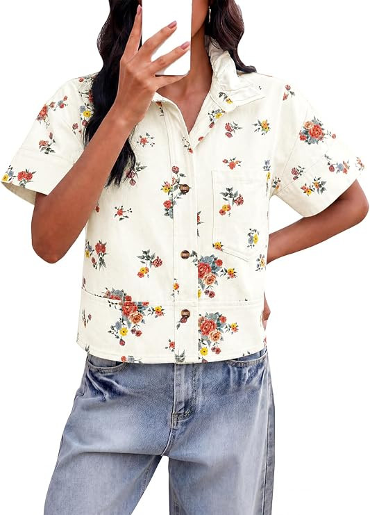 Tankaneo Womens Polka Dot Button Down Denim Shirt Short Sleeve Cropped Tops | Button Up Denim Blo... | Amazon (US)