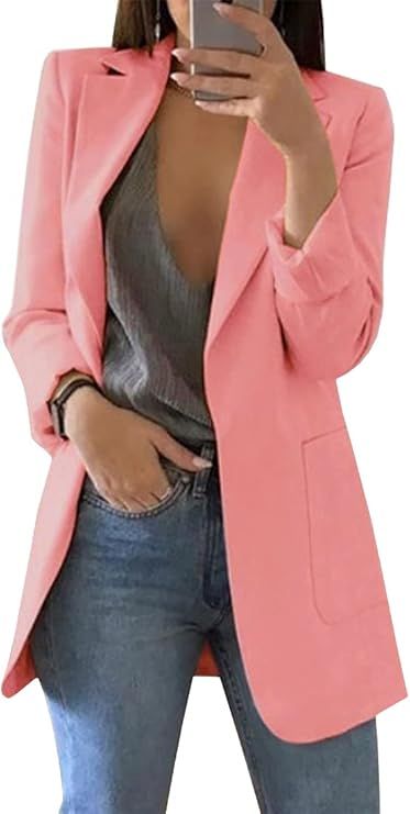 FLYCEHN Women Open Blazer Front Pocket Long Sleeve Work Office Cardigan Jacket | Amazon (US)