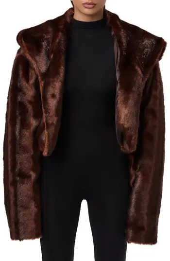 Naked Wardrobe Hooded Faux Fur Crop Jacket in Chocolate at Nordstrom Rack, Size Large | Nordstrom Rack