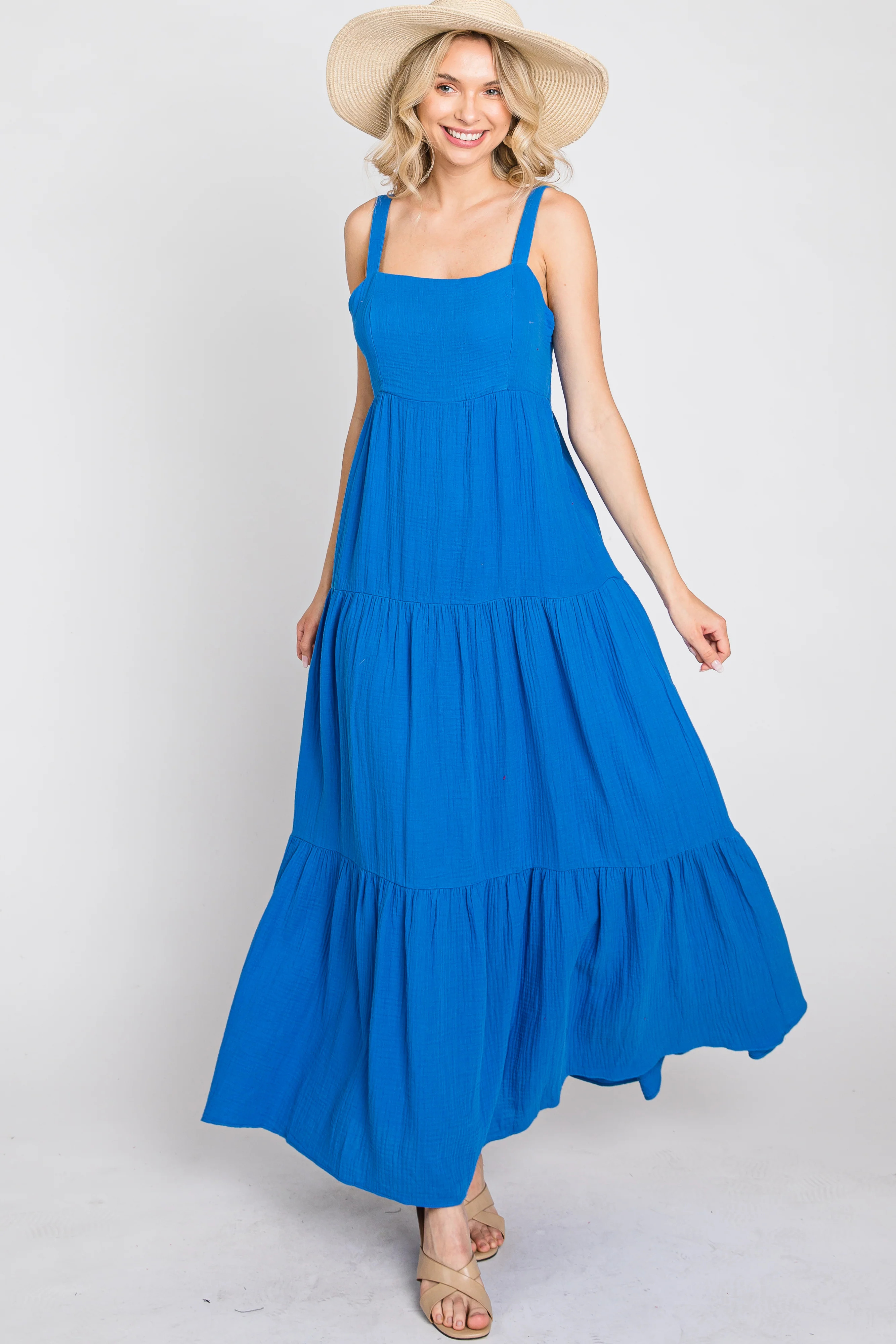 Blue Sleeveless Ruffle Tiered Maxi Dress | PinkBlush Maternity