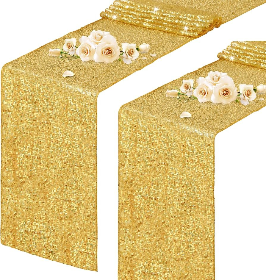2 Packs Gold Sequin Table Runners 12 x 72 Inch Glitter Dining Table Runner Sparkle Sequin Runners... | Amazon (US)