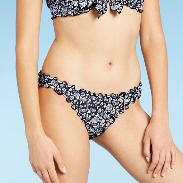 Juniors' Ribbed Ruffle Cheeky Bikini Bottom - Xhilaration™ Black Floral Print | Target
