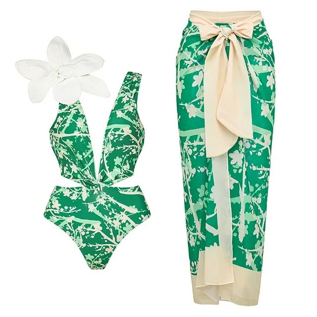 IDOPIP Women's One Piece Swimsuit with Matching Wrap Skirt Sarong Halter Floral Print Bikini Set ... | Walmart (US)