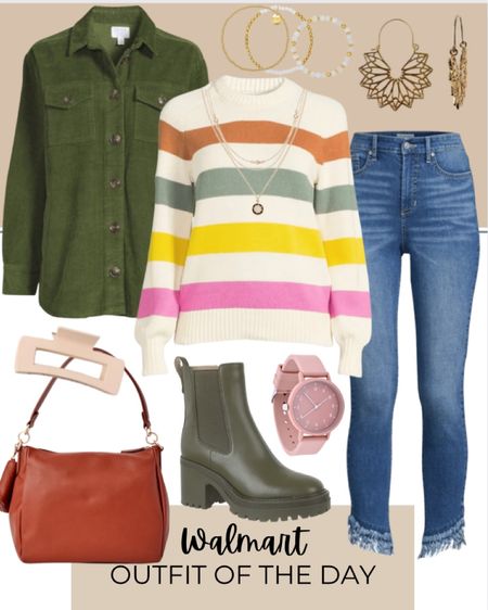 Walmart has a great selection of fall fashion picks for every style. This colorful and fun outfit includes stripped sweater, green shacket, Sofia Jeans by Sofia Vergara Women's High-Rise Rosa Curvy Skinny Cha Cha Ankle Jeans, neutral hair clip, brown purse, green lug boots, pink watch, geometric earrings, and gold bracelets.

Fall fashion, Walmart finds, Walmart fashion, Walmart fall fashion, fall shacket, fall clothing, fall fit, fall outfit, fall outfit of the day

#LTKstyletip #LTKunder100 #LTKfit