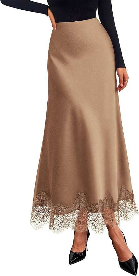 BTFBM Lace Trim Satin Skirts for Women Elegant | Amazon (US)