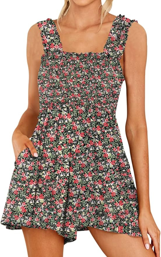 DEEP SELF Women Summer Sleeveless Romper Square Collar Ruffle Straps Flowy Short Jumpsuit with Po... | Amazon (US)