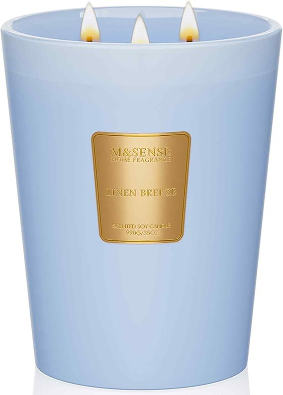 M&SENSE Linen Breeze Soy Candle, 35oz 3-Wick 150H, Large Fresh Clean Natural Scented Candles, Sum... | Amazon (US)
