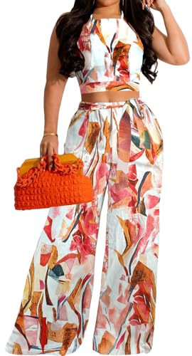 Elegant Two Piece Sets Vacation Outfits for Women Sexy White Pink Print Crop Top Long Straight Pants Swimwear Beachwear Outfits with Pockets(X-Large) | Amazon (US)