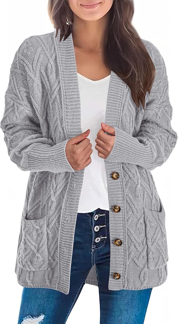 KIRUNDO Women 2024 Fall Winter Oversized Button Down Cable Knit Cardigan Casual Long Sleeve Open ... | Amazon (US)