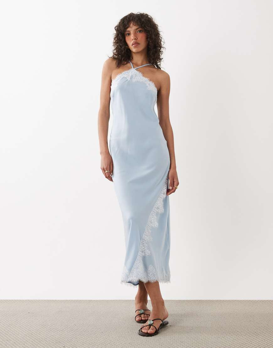 New Look asymmetric halterneck satin lace midi dress in blue | ASOS (Global)