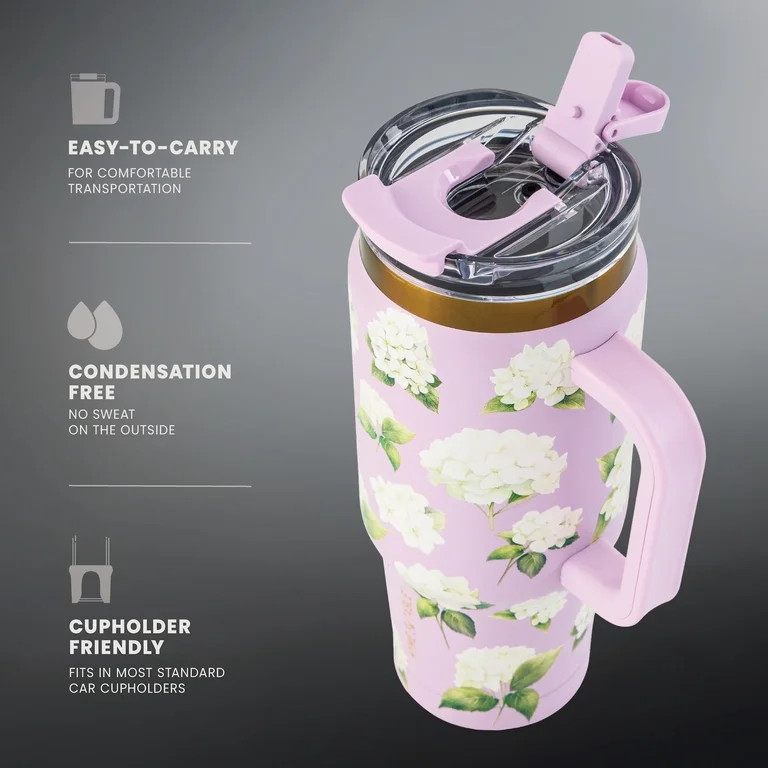 Thyme & Table 32oz Stainless Steel Luna Tumbler with Handle and Dual Straw Lid, White Hydrangeas | Walmart (US)