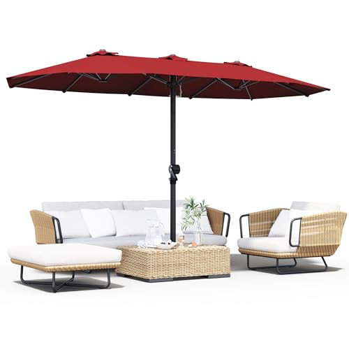 GDPFN 15FT Large Patio Umbrella, Outdoor Deck Standing Umbrella with Crank Handle, Double-Side Rectangular Pool Umbrella for Outside, Market, Patio, Burgundy (Base Not Include) | Amazon (US)