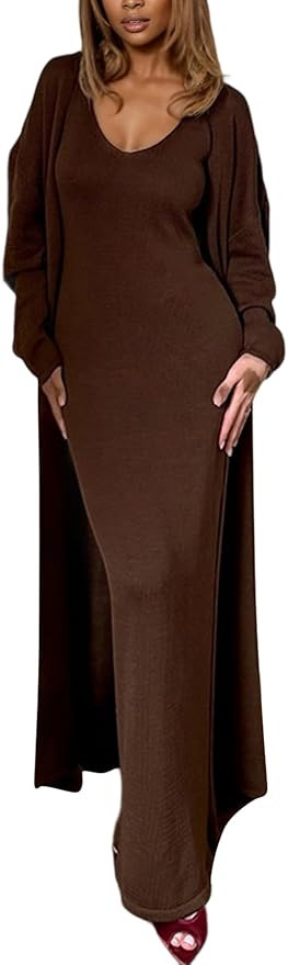 LETSVDO Women's 2 Piece Sweater Set Knit Bodycon Maxi Dress Open Front Duster Long Cardigan Sets ... | Amazon (US)