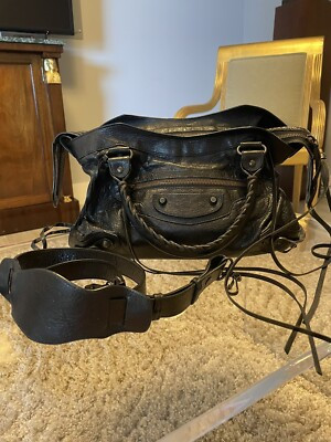 Balenciaga Paris Crinkled Leather Motocross Small City Bag Handbag Black | eBay US