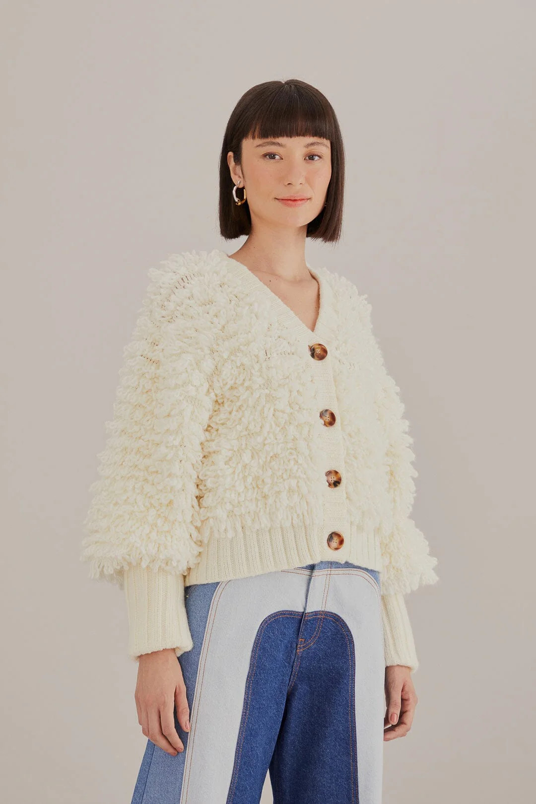 Off-White Textured V Neck Cardigan | Farm Rio UK