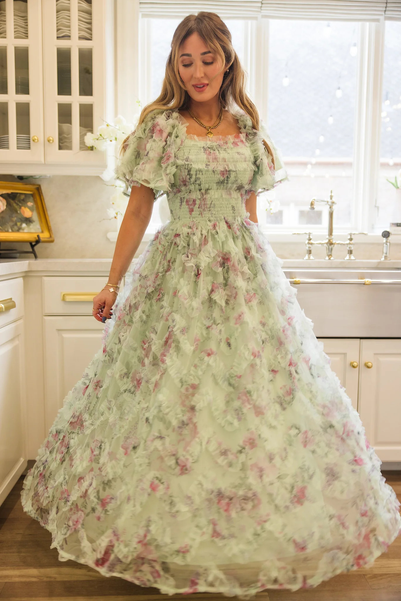 Florentina Dress in Pistachio Aquarelle Fleur | Ivy City Co