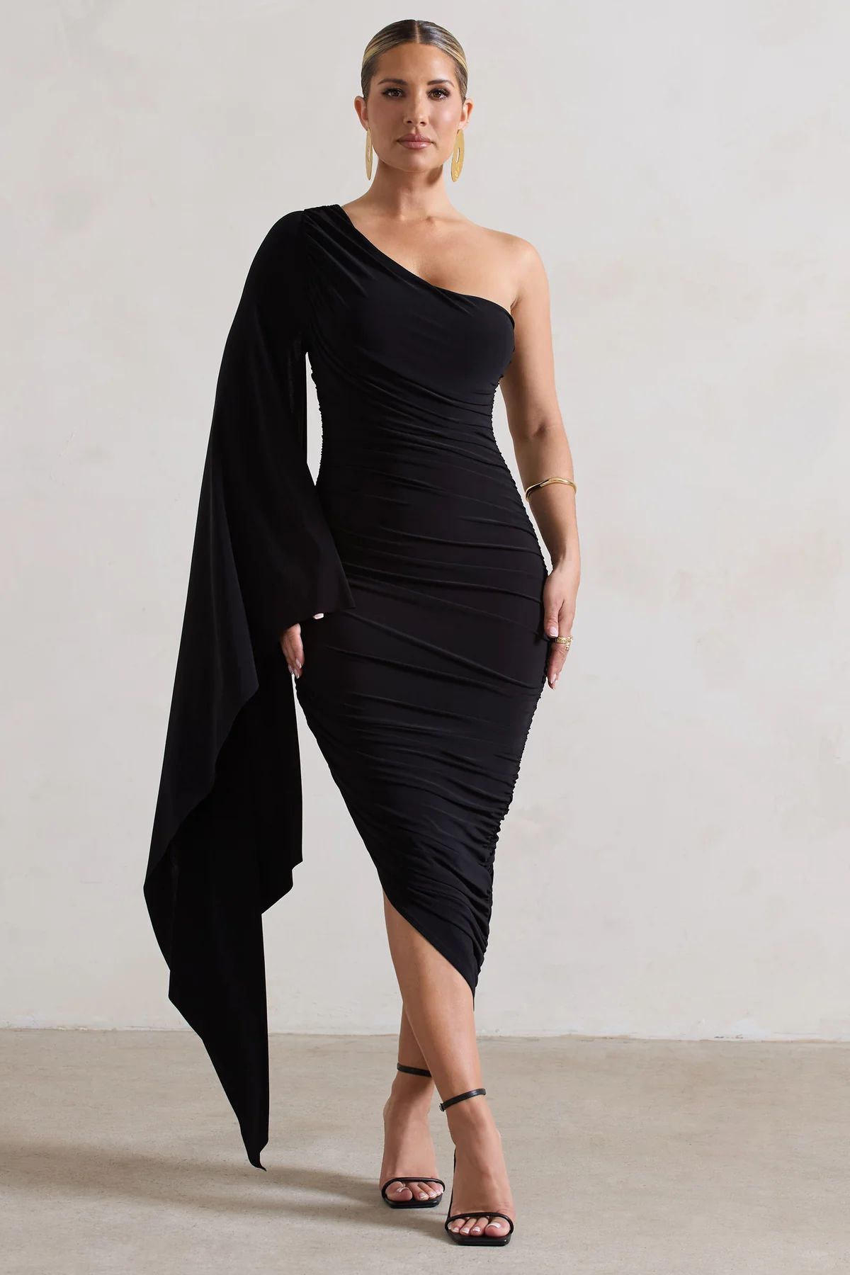 Halsey | Black Ruched Asymmetric Midi Dress With Cape Sleeve | Club L London