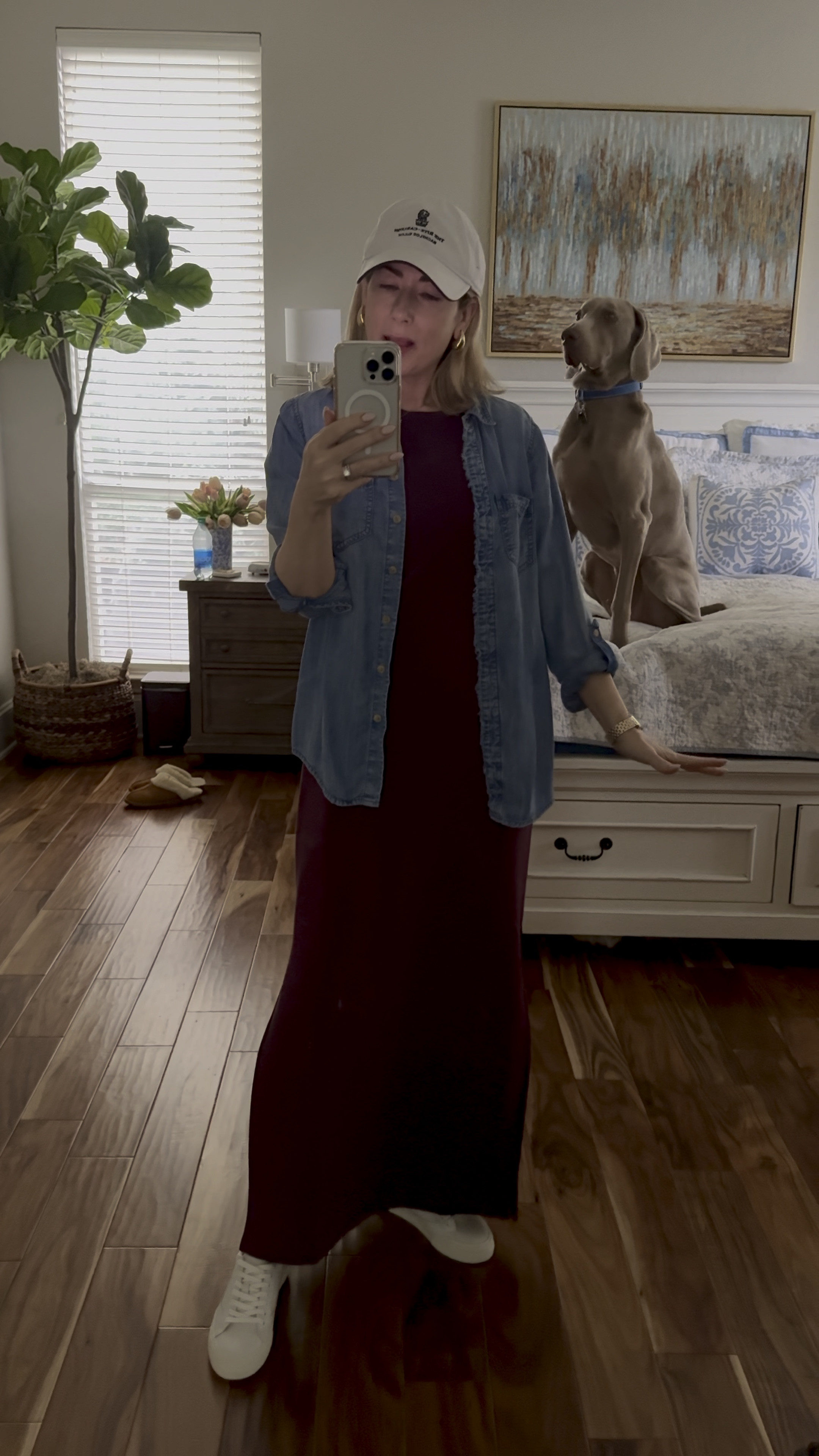 What do you wear to run out the door? This is a great option-baseball hat to cover up hair that needs to be washed, t-shirt dress that hides the lumps and bumps and is a step up from basic sweats, and a chambray shirt in lieu of a denim jacket for a layer of interest and function. After you do your hair and makeup for the day, do a cute cardi over your shoulders, layer on some necklaces  and change the sneakers for block heel sandals. Use code MARNIExSPANX for 10% off the dress. Wearing size small. 

#casualday #airessentials #whitesneakers #fashionover40 #fashionover50 #traveloutfit #runningerrands 

#LTKshoecrush #LTKstyletip #LTKover40