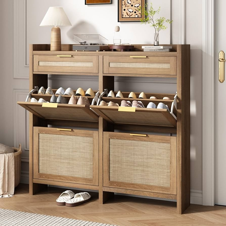 Large Rattan Shoe Storage Cabinet with 4 Flip Drawers & 2 Storages–Hidden Slim Shoe Organizer f... | Amazon (US)