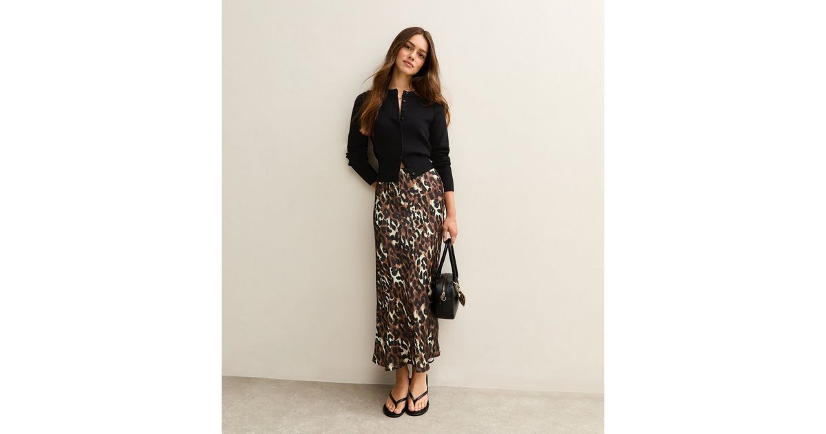 Petite Brown Leopard Print Satin Midi Skirt | New Look | New Look (UK)