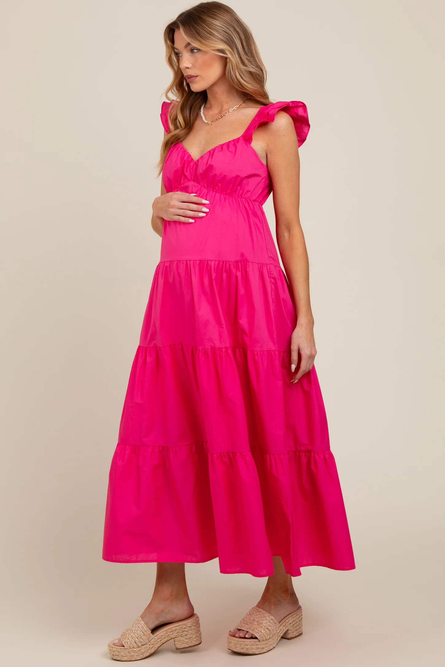 Fuchsia Sleeveless Tiered Maternity Maxi Dress | PinkBlush Maternity