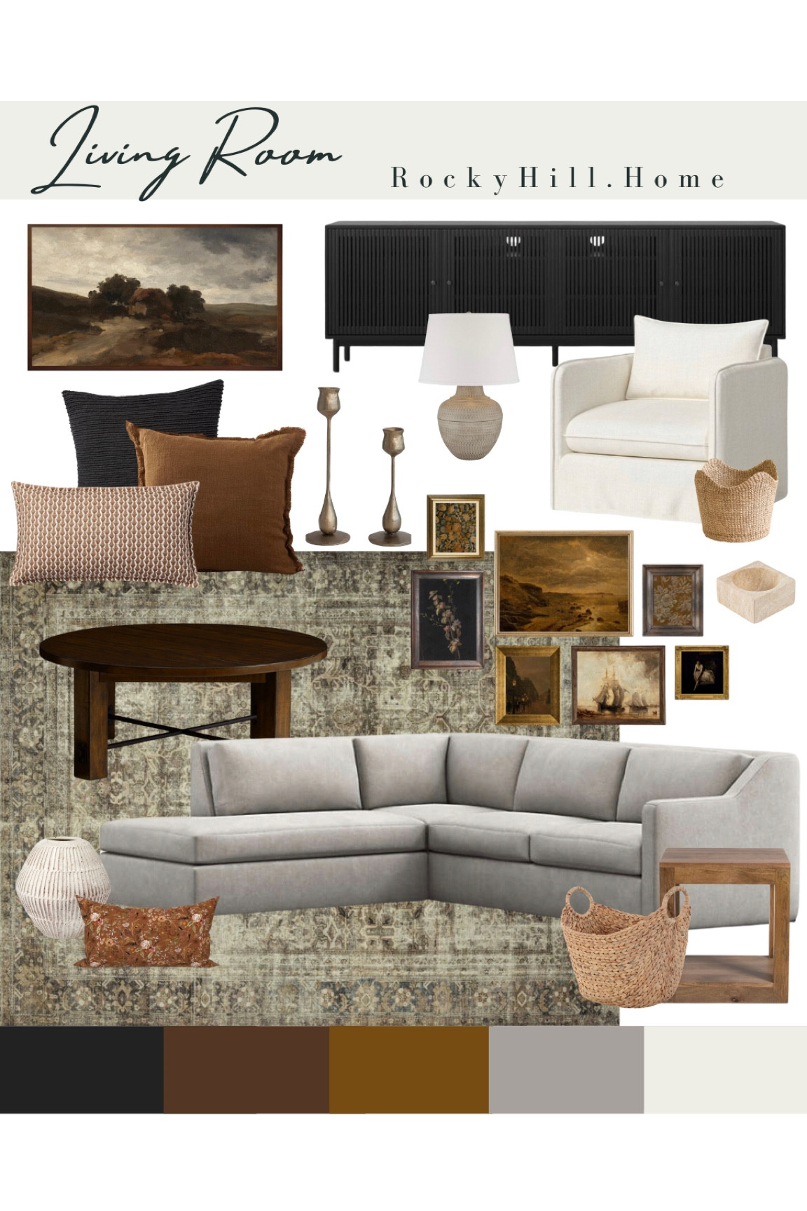 Transitional living room mood board, light gray sofa, loloi magnolia rug, round coffee table, cream lamp, ivory chair, camel pillow, baskets, frame tv art, black modern media console, taper candle holder, floral pillow 

#LTKstyletip #LTKhome