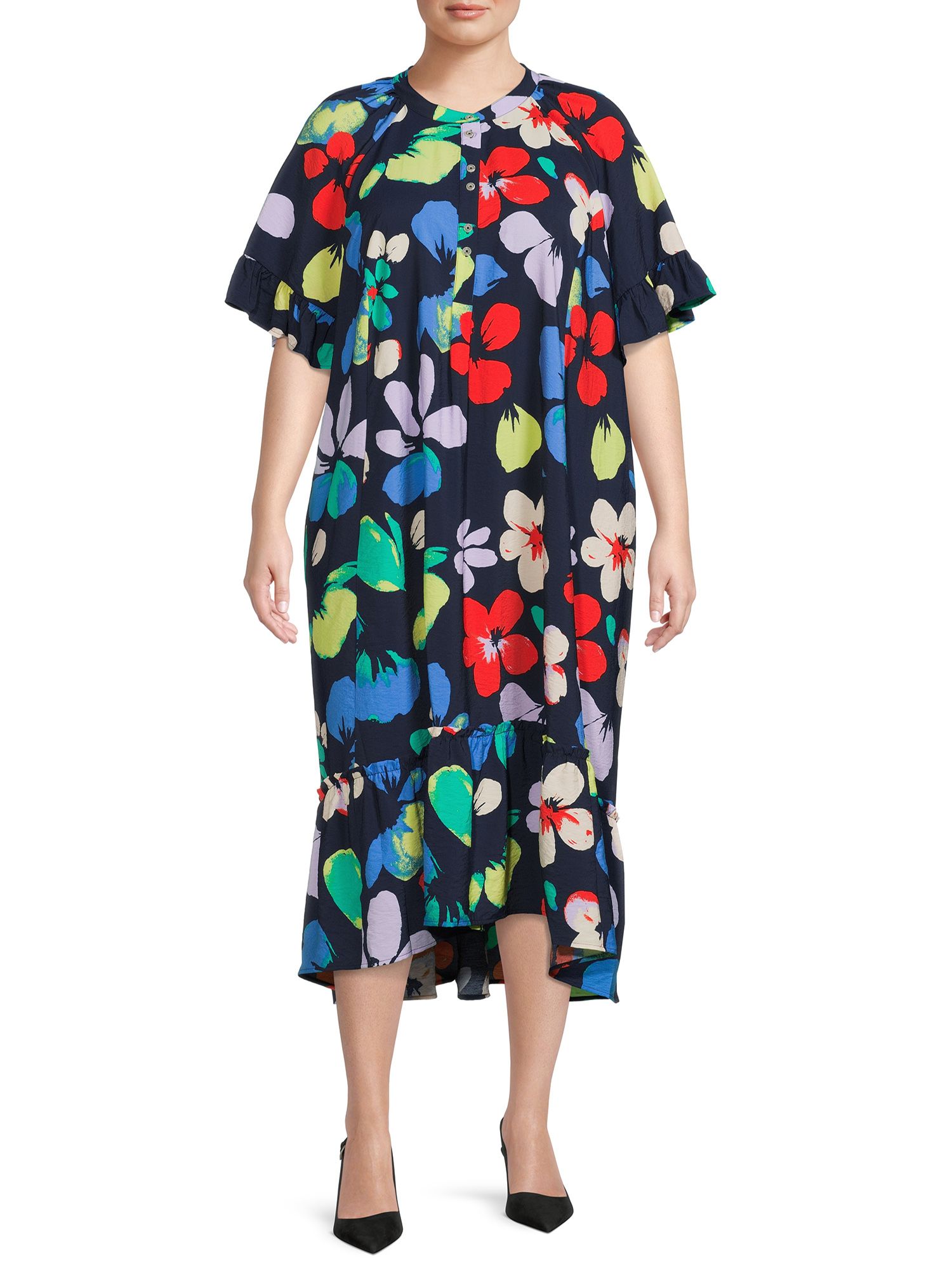 Terra & Sky Women's Plus Size Tiered Dress with Ruffle Sleeves - Walmart.com | Walmart (US)