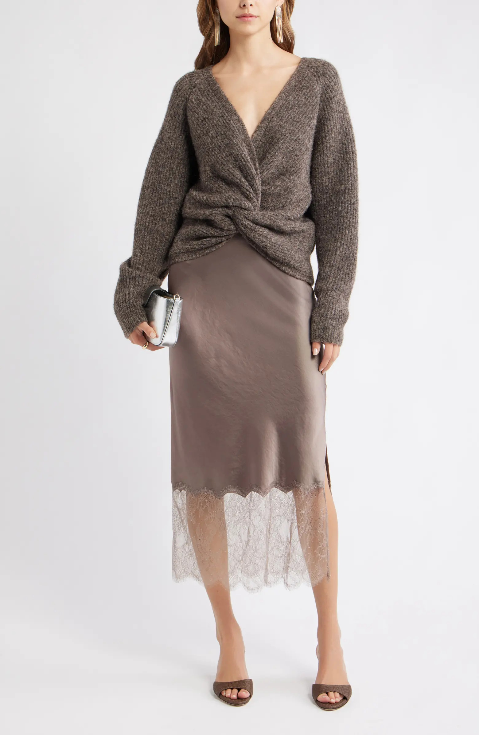 Lace Trim Satin Midi Skirt | Nordstrom