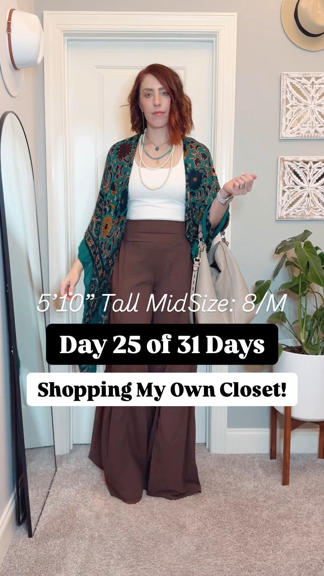 Laid-back boho, but make it tall-girl approved! 🙌✨ Day 25 of my 31 Days of Closet Magic Challenge is giving all the easy, breezy vibes.

These chocolate brown faux palazzo pants are an absolute dream (and yes, they come in 35” and 37” inseams—can I get a hallelujah?! 😍). 🚨The pants I’m wearing are NOT linkable through LTK but you can find them on TallSize.com - Search “Palazzo Pants.” They come in brown and pink. You can save 10% off with my code MSCHNEIDER10. 

I paired them with a cropped white tank for a simple base, then layered on a teal-and-black patterned boho kimono duster to add that flowy, free-spirited touch. 

Accessories were all about the details—layering necklaces, faux leather drop earrings, my trusty beige hobo bag, and platform slingback clogs to keep it cute and comfy.

This outfit feels effortlessly stylish, yet oh-so-functional. Who else loves boho vibes with a laid-back twist? 🌿
✔️ Always!
🤍 Sometimes—I love mixing it up!

#LaidBackBoho #TallGirlFashion #TallWomenStyle #bohostyle 

#LTKStyleTip #LTKShoeCrush #LTKMidsize