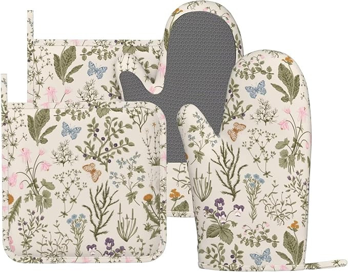 Vintage Wildflower Herbs Floral Rustic Butterfly Oven Mitts Pot Holders Set Silicone Kitchen Glov... | Amazon (US)