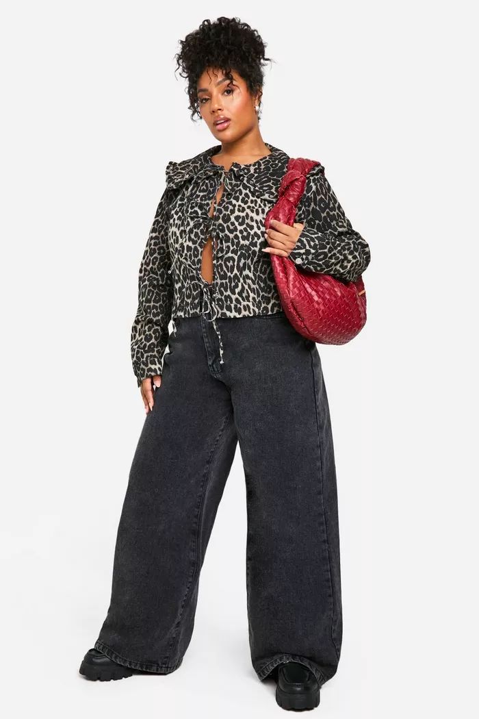 Plus Collar Detail Leopard Bow Front Denim Jacket | boohoo (US & Canada)