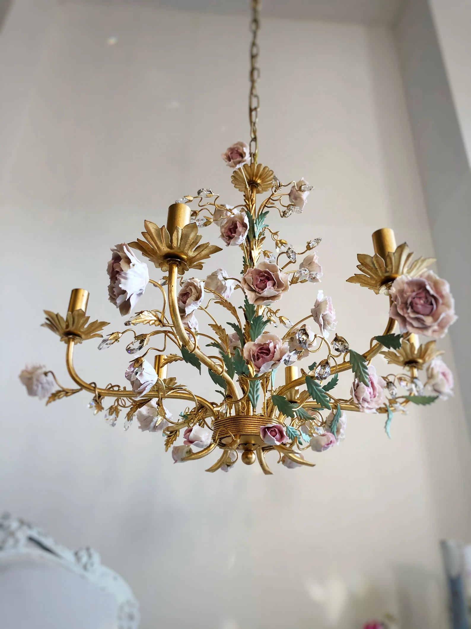 Porcelain Peonies Italian Hand Forged Wrought Iron 6 Lights Gold Leaf Chandelier With Crystals - ... | Etsy (US)