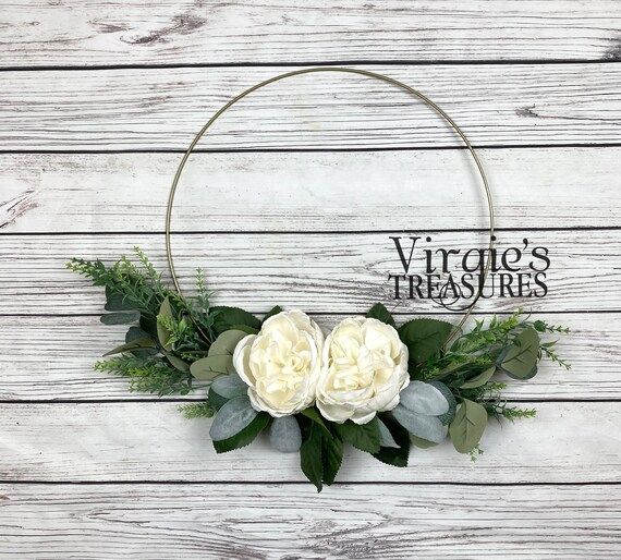 Cabbage Rose Hoop Wreath, Gold Hoop Wreath, Wall Gallery Wreath, Wall Art, Spring Wreath, Minimal... | Etsy (US)