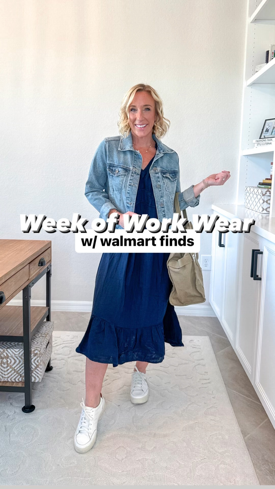 Week of Work Wear; with Walmart finds:
1. MONDAY - gauze midi dress - size XS. $17.98 // jeans jacket - size XS. 
2. TUESDAY - striped short sleeve sweater - size XS. $22. // black “yoga” work pants - size small,
29” inseam. 
3. WEDNESDAY - pleated shirt dress - size XS. $34.
4. THURSDAY - white cardigan - size small. $18.98. // $25 pull-on pants - size XS. Now on sale!
5. FRIDAY - plaid dress - size XS - $15.98. // bronze cardigan - size small   

#LTKFindsUnder50 #LTKVideo #LTKWorkwear