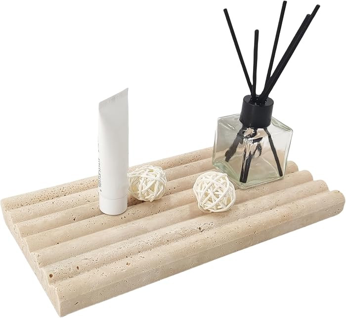 Natural Travertine Marble Tray for Bathroom Countertop Organizer,Vanity Decorative Stone Tray for Candles, Perfume, Jewelry Dish Ring Tray (Beige) | Amazon (US)