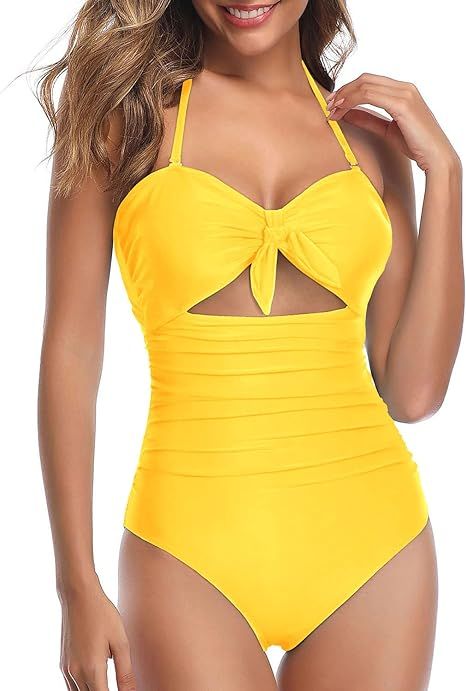 Tempt Me Women Sexy Cutout One Piece Swimsuits Tummy Control High Waisted Halter Front Tie Kn... | Amazon (US)