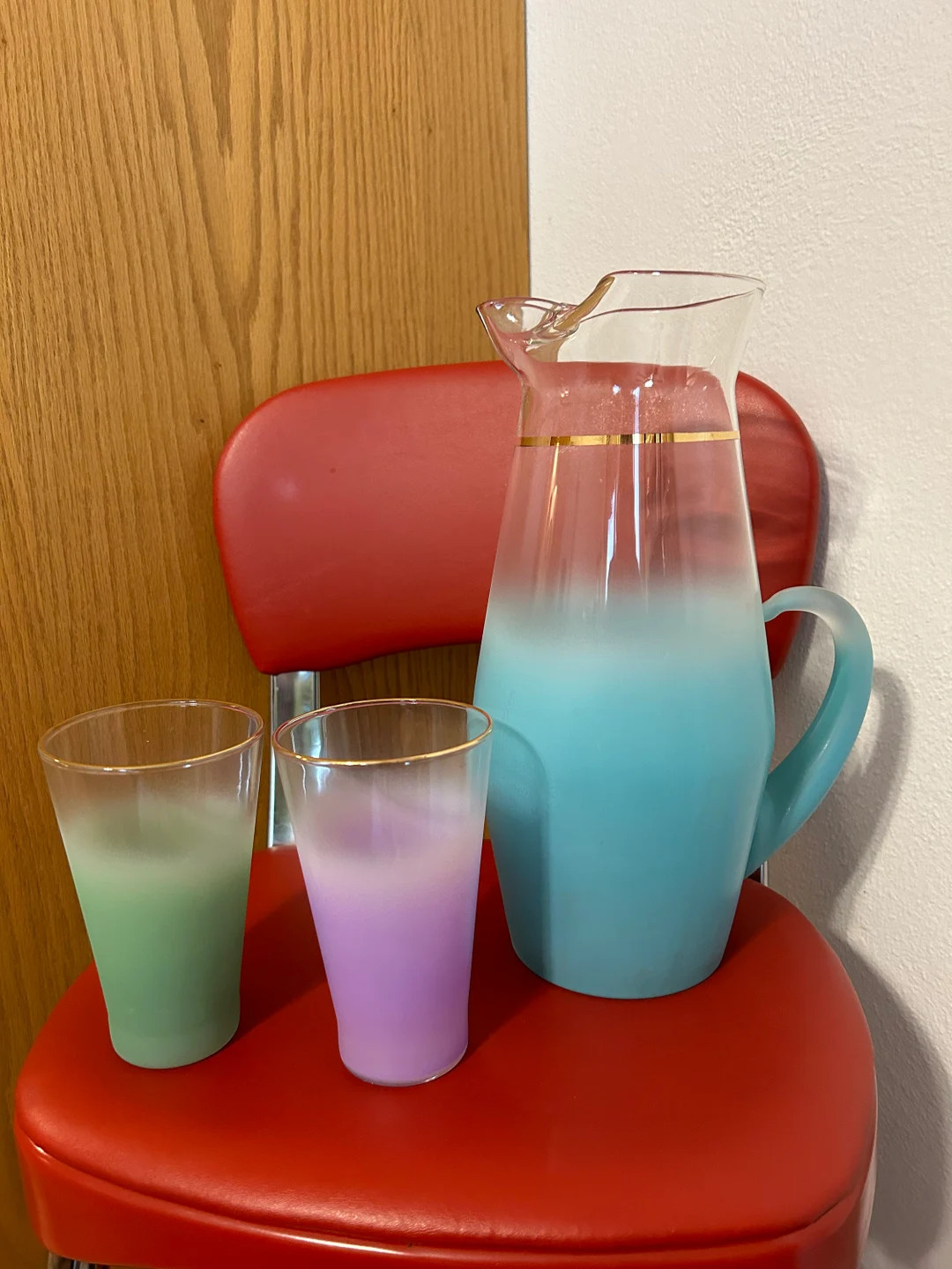 BLENDO Frosted Glass Pitcher Turquoise Barware with 2 Blendo Glasses Mid Century Modern Vintage | Etsy (US)