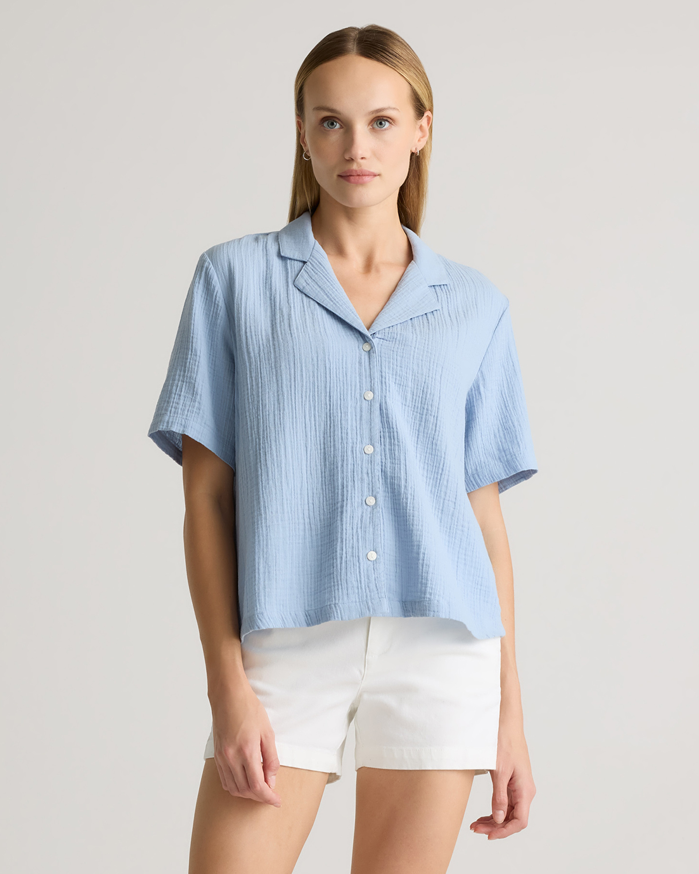 Quince | Women's Gauze Short Sleeve Shirt in Ocean Breeze, Size Small, Organic Cotton | Quince