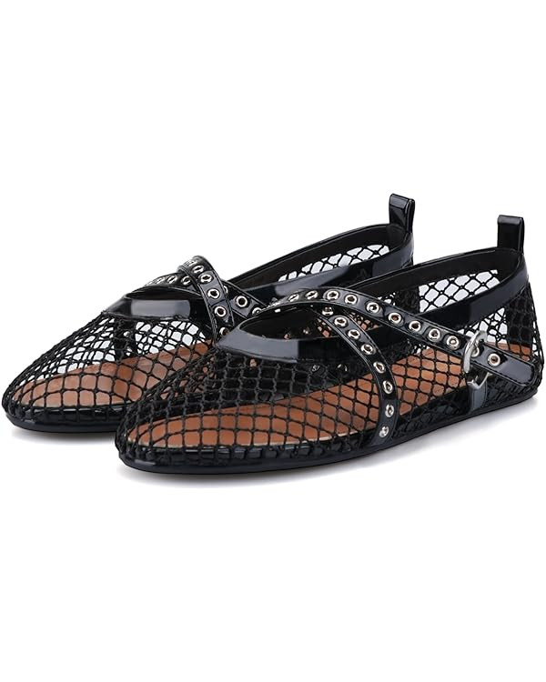 Women Mesh Ballet Flats Strappy Fishnet Buckle Flats Mary Jane Ballerina Shoes Sexy Casual Flat D... | Amazon (US)