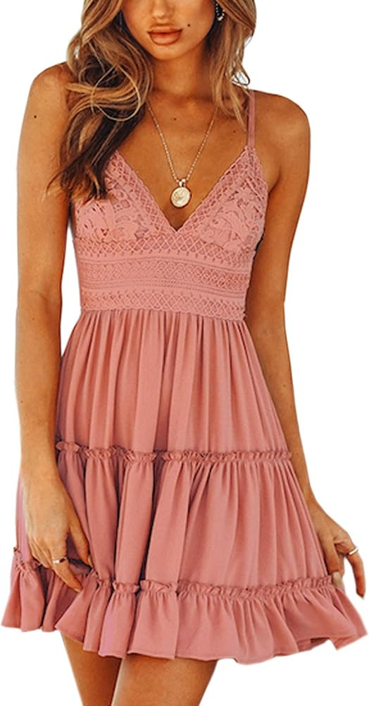 ECOWISH Womens V-Neck Spaghetti Strap Bowknot Backless Sleeveless Lace Mini Swing Skater Dress | Amazon (US)
