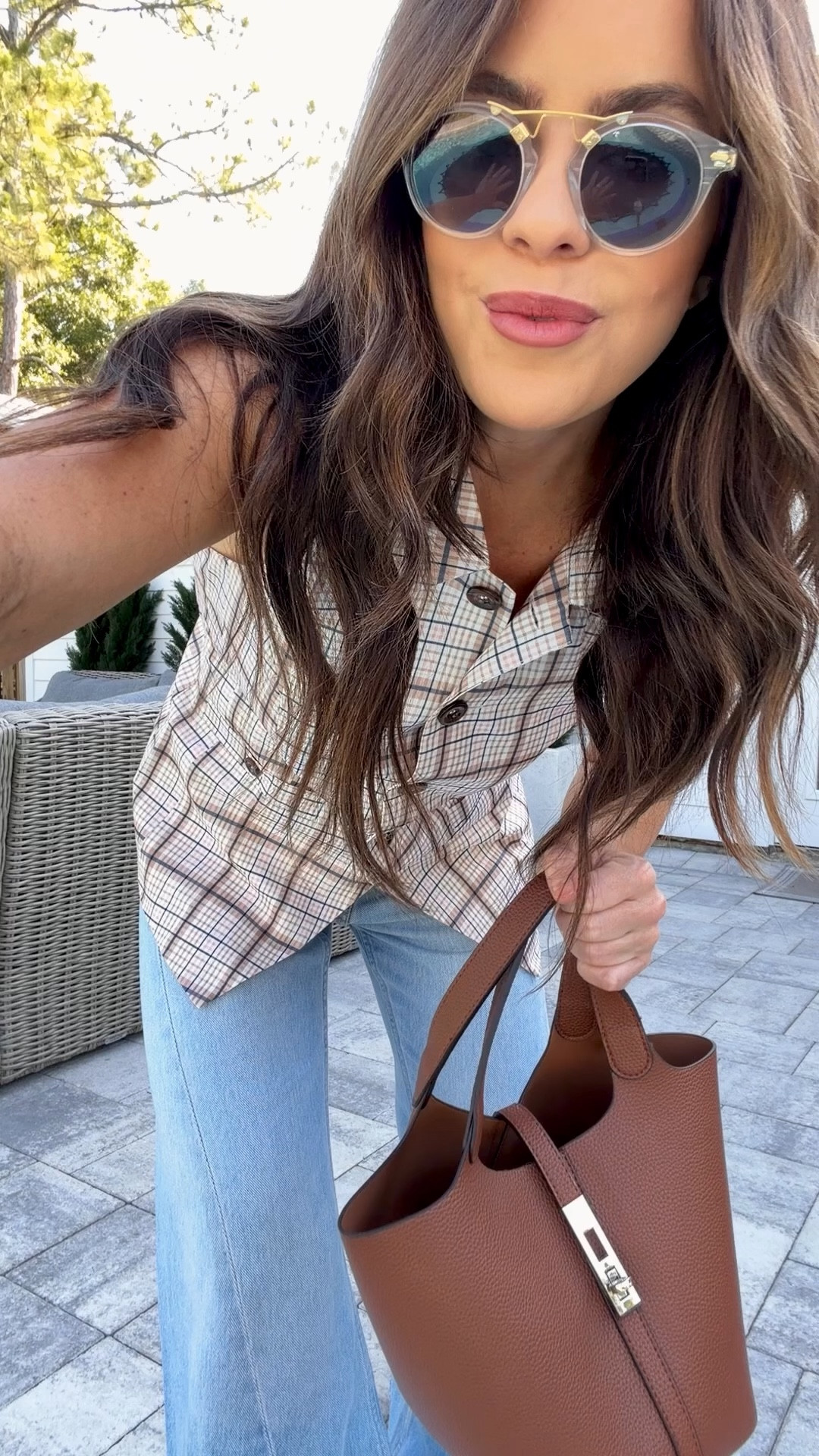 Wearing a small in top- need a xs 
Jeans in a 25 - if in between sizes, go up 
Shoes are true to size 
@mother @amazon 


Serving effortless chic in this neutral plaid sleeveless vest top paired with light wash wide leg jeans, woven flats, oversized sunglasses, and a structured brown handbag 🤎✨ This casual classy outfit is the perfect blend of trendy and timeless—ideal for brunch dates, shopping days, coffee runs, or everyday elevated style. Wide leg denim and tailored tops are the must-have fashion trend this season, giving that polished street style vibe with minimal effort.

If you love neutral outfits, casual chic fashion, old money aesthetic, clean girl style, and timeless wardrobe staples, this look is for you. Save for outfit inspiration and follow for more everyday style ideas 🤍

#WideLegJeans #NeutralOutfit #CasualChic #StreetStyle #EverydayFashion #DenimStyle #OldMoneyAesthetic #CleanGirlStyle #FallFashion #SpringOutfit #PlaidTop #VestTop #MinimalStyle #FashionInspo #OOTD #EffortlessStyle #TrendyOutfits #ClassicStyle #WomenFashion #StyleInspo