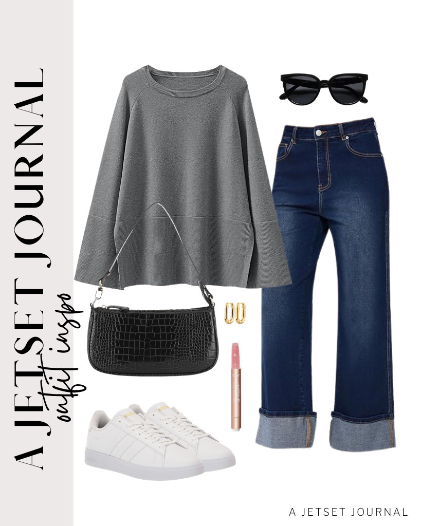 A stylish dark gray knit sweater pairs beautifully with these wide-leg, baggy jeans and Adidas tennis shoes. This classy shoulder bag, paired with these SOJOS cat-eye round sunnies, makes it more refined. Now you have an effortless chic outfit that you’ll want to wear again and again. 

 #LTKSeasonal #LTKSaleAlert #LTKTravel