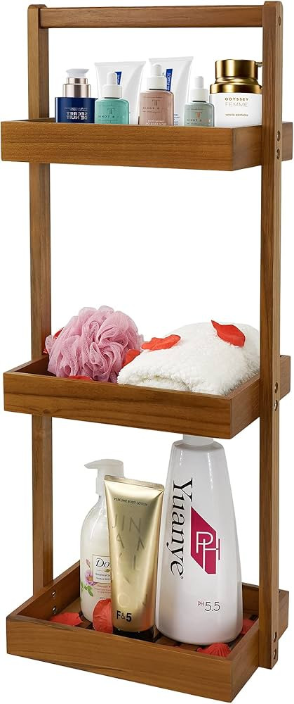 Utoplike Teak Shower Caddy Corner, 3 Tier Standing Shower Organizer Shelf with Handle, Wood Bathr... | Amazon (US)