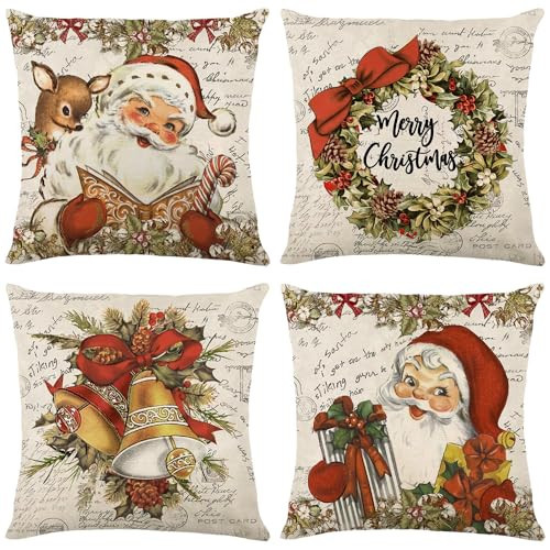 Christmas Vintage Santa Claus Pillow Covers 20 X 20 Inch Set of 4 Reindeer Bell Decorative Christmas Throw Pillow Covers Xmas Winter Retro Holiday Pillow Covers for Sofa Couch | Amazon (US)