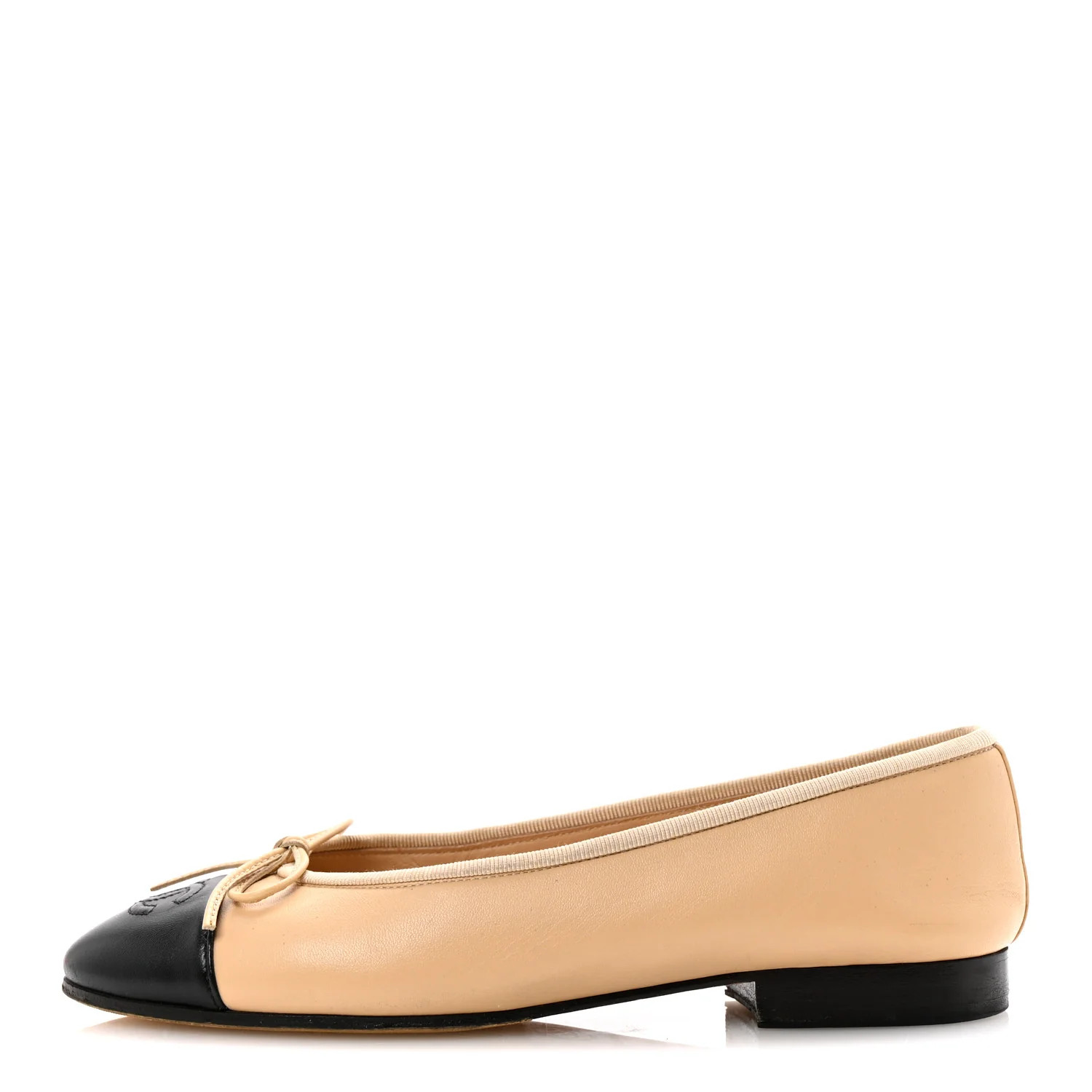 Lambskin Cap Toe CC Ballerina Flats 35.5 Beige Black | FASHIONPHILE (US)