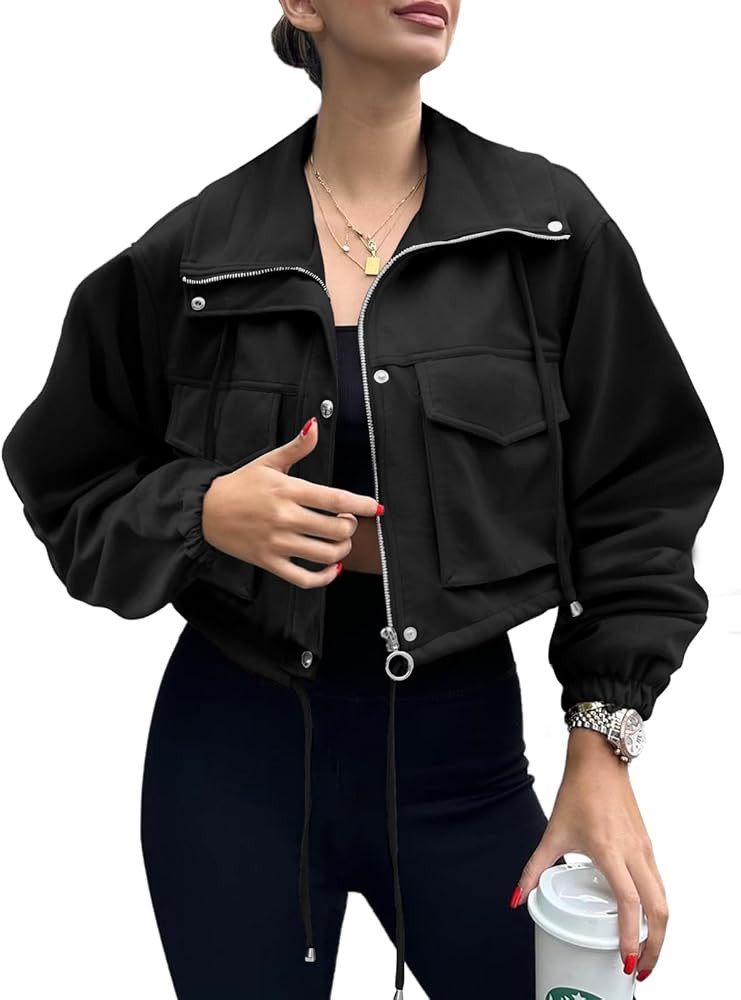 Womens Cropped Jacket Faux Suede Zip Up Oversized Anorak Coats with Pockets Utility Jackets | Amazon (US)